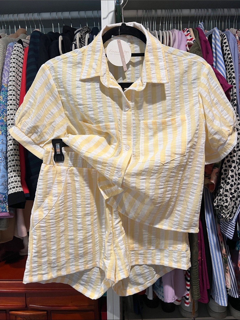 Yellow & White Striped Two-Piece Shirt and Shorts Set